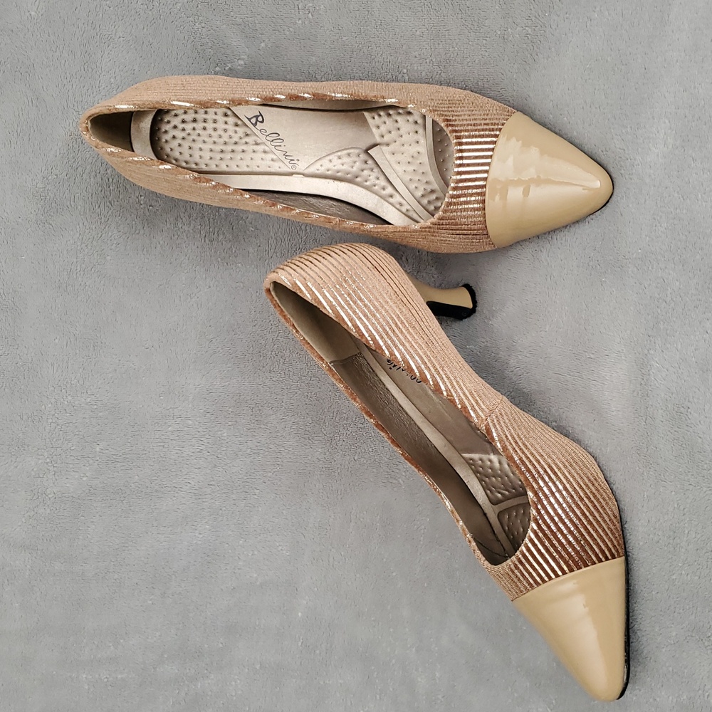 ๐๏ธ BELLINI Zesty Cord Tan Faux Leather Corduroy Gold Striped Pumps SIZE: 10W - Picture 1 of 14